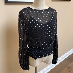 Poly chiffon sheer polka dot blouson blouse with wide waistband and extra tie.